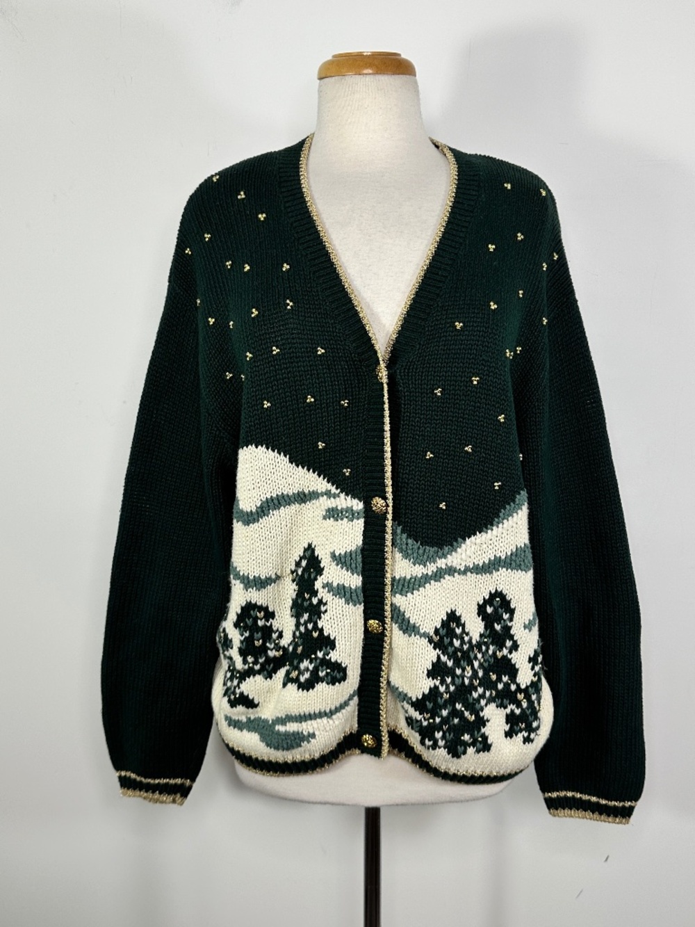 Vtg. CHRISTOPHER & BANKS Hand Embroidered Christmas V - Neck Cardigan Sweater XL